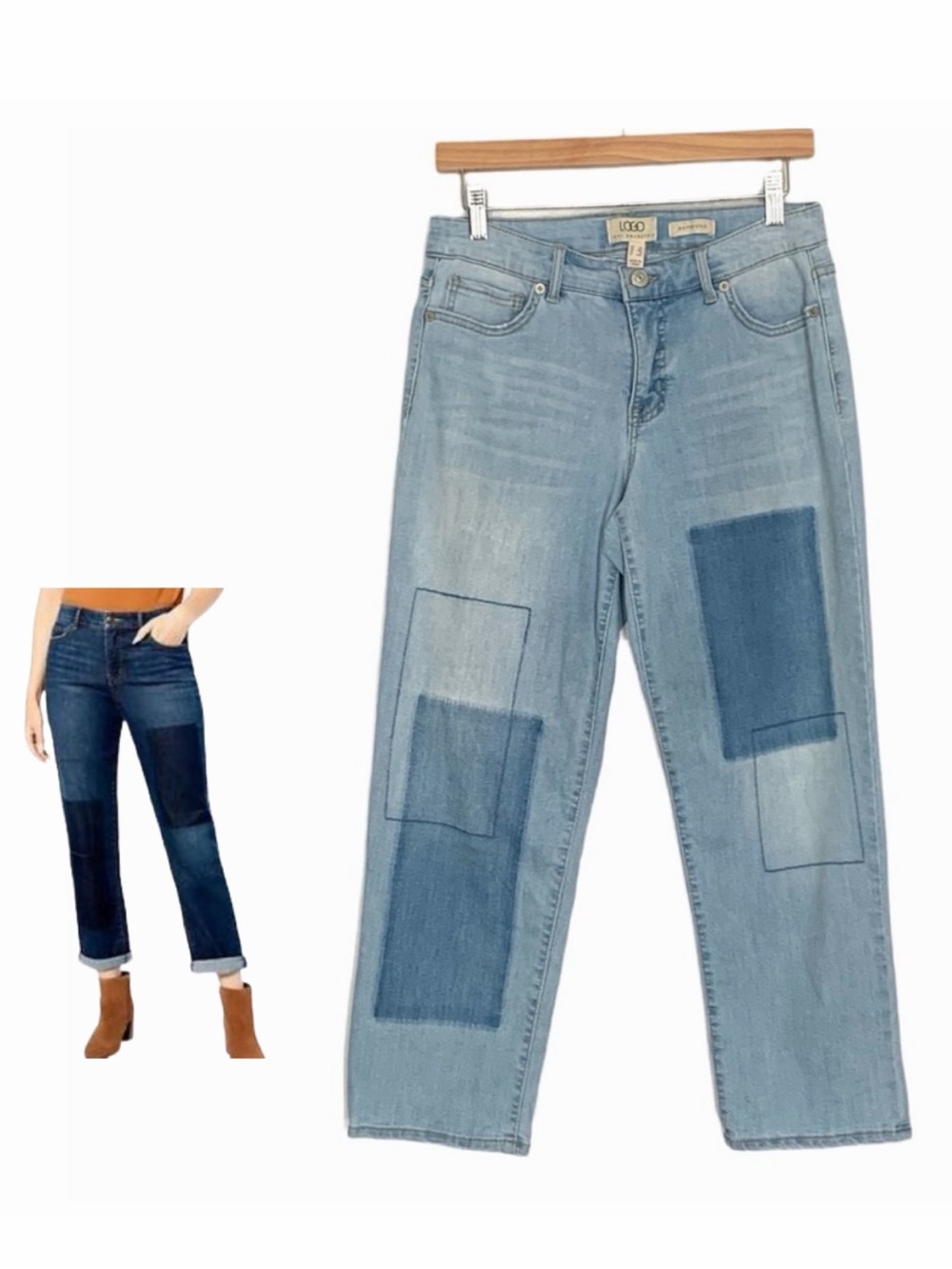 LOGO by Lori Goldstein Shadow Patch Boyfriend Jeans Light Wash Size 6 Petite